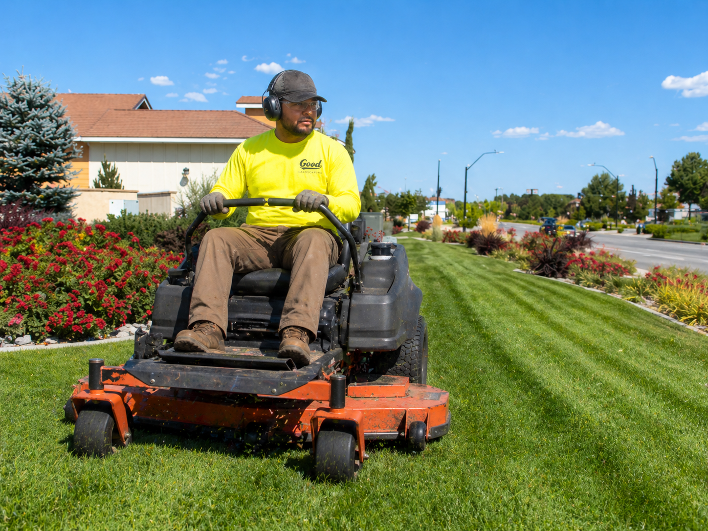 Good Landscaping crew mowing a commercial property in Houston, TX